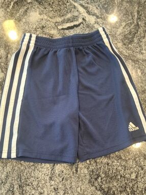 Adidas Boys Blue Athletic Shorts with White Stripes